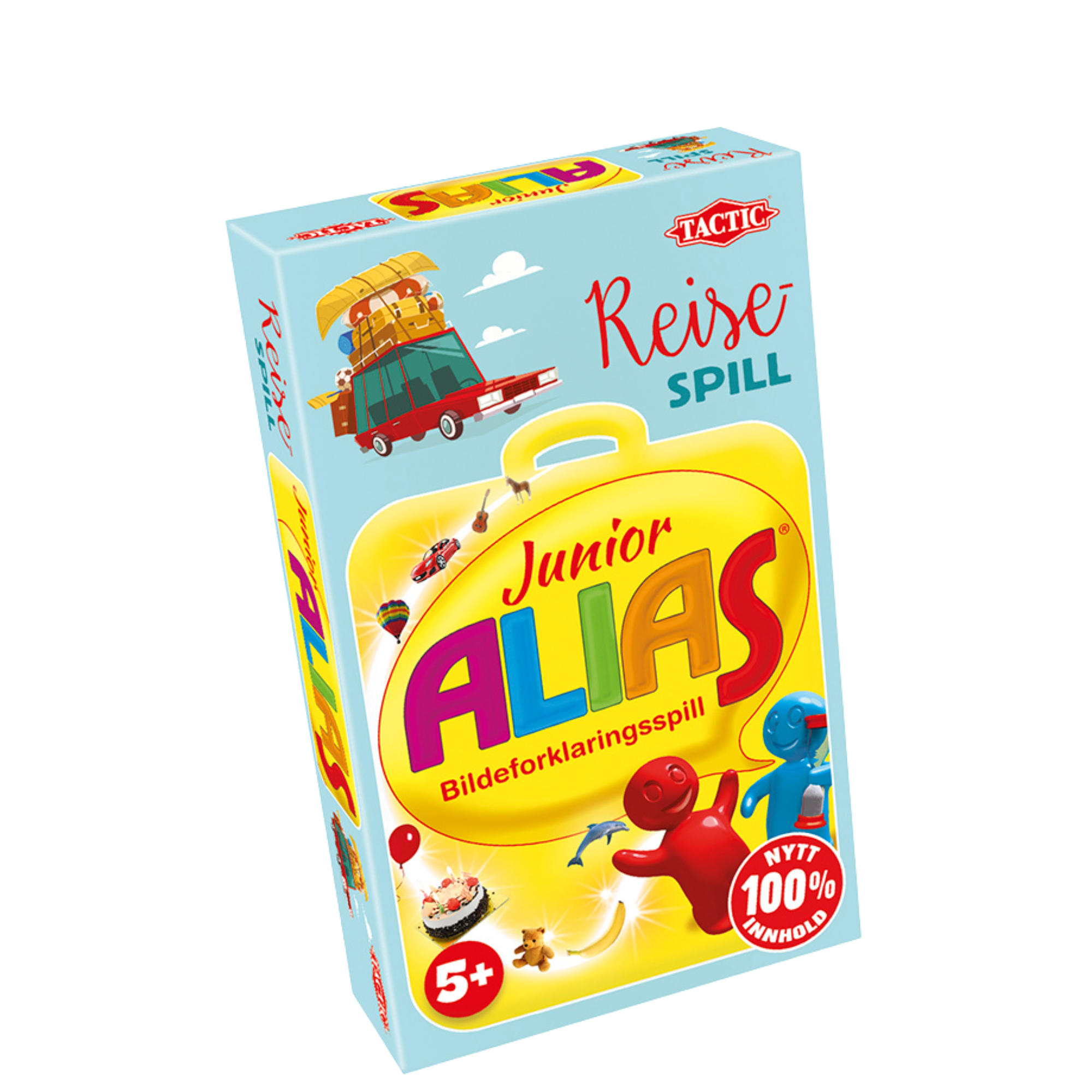 Alias junior reisespill turkis eske med motiv av gul koffert og blå og rød figur som holder timeglass